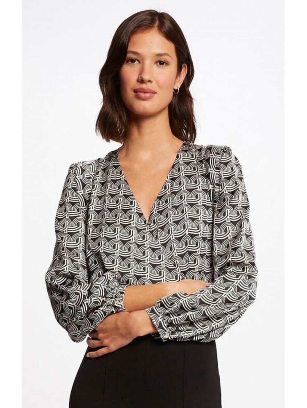 Morgan De Toi Odesir Blouse Black White Geometric Wrap Long Sleeve Top Sz XS 34